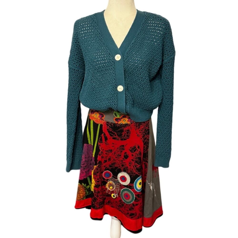 Desigual Patchwork A-Line Skirt Size M Colorful Graphic Print Boho Artsy